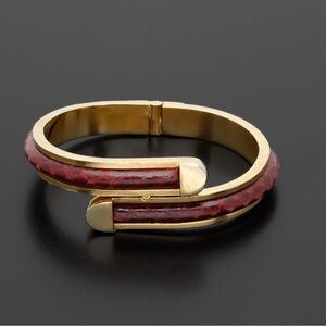 Vintage Snakeskin Inlay Hinged Cuff Bracelet | Brass Tone Statement Bangle